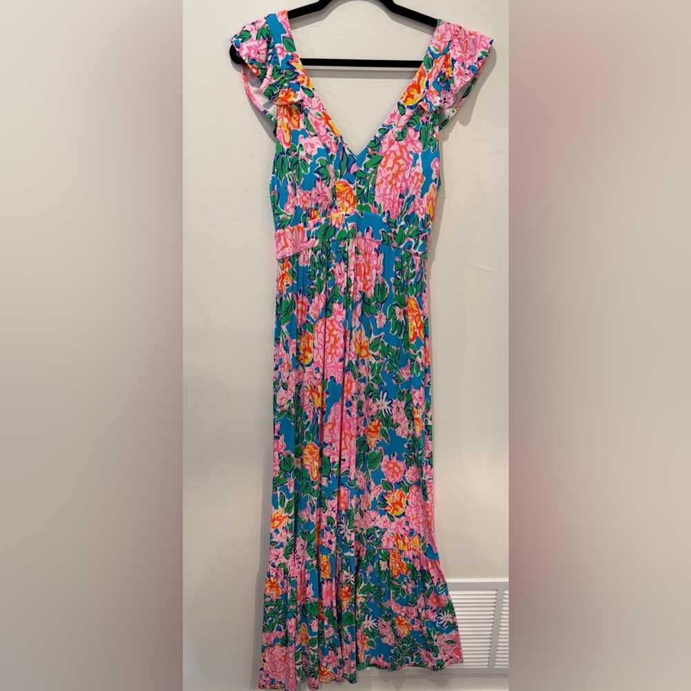 Lilly Pulitzer Turquoise Floral Maxi Dress with Pink & Green Accents - Picture 2 of 5